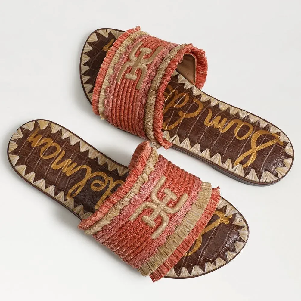 NIB Sam Edelman Georgia 7M Orange Raffia Flat Slide Sandals Resort Beach - Picture 10 of 12